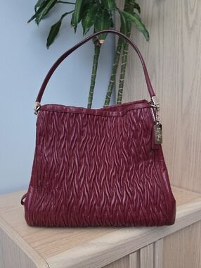Coach Madison Phoebe Gathered Twist Leather Shoulder Bag In Burgundy Brick Red
